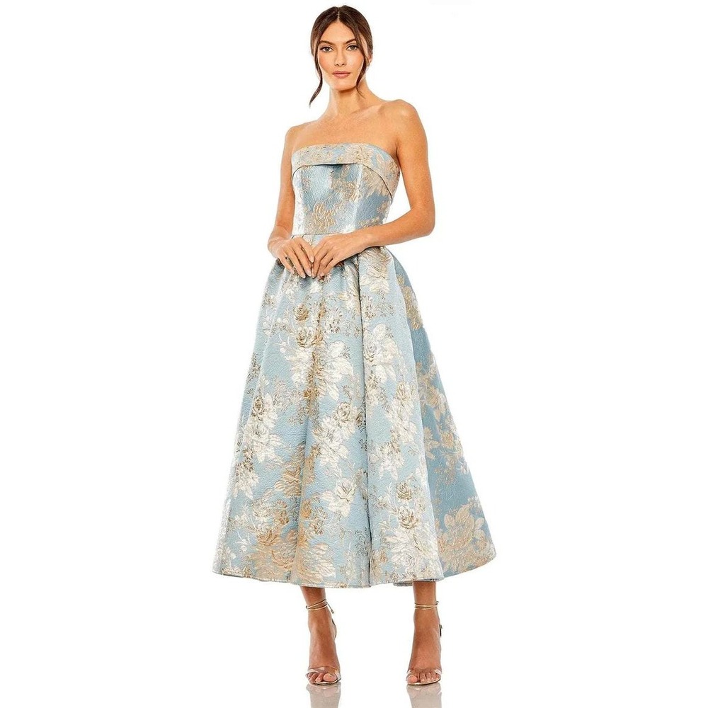 Mac Duggal 20726 Strapless Floral Brocade Tea-Length Gown Blue Gold Metallic 4